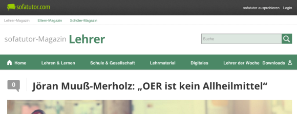 Screenshot von der Sofatutor-Website. Überschrift „“Jöran Muuß-Merholz: „OER ist kein Allheilmittel“