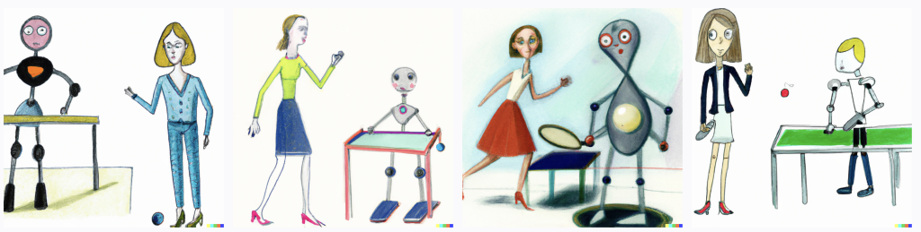 a friendly looking, female human in office clothing with trousers playing table tennis against a rather short, cute robot with huge eyes. crayon drawing, mit DALLE 2 erstellt